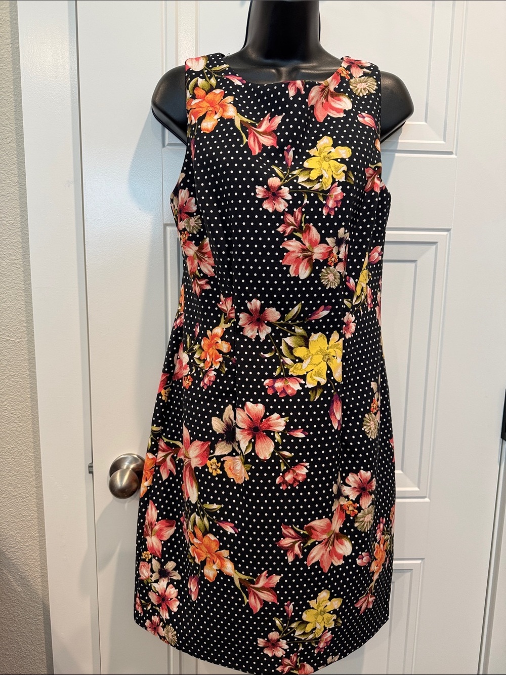 Alyx Black Polka Dot Mini Dress with Pink & Yellow Floral Pattern